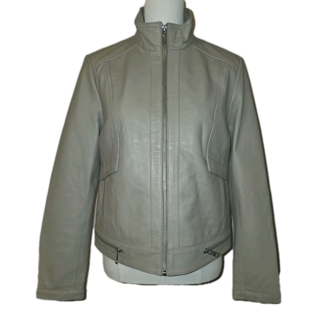 M Women's Andrew Marc Rowan Leather‎ Racer Jacket in Stone